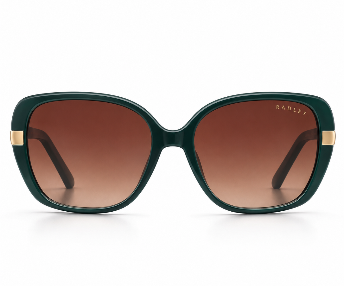 Radley oversized sunglasses with a dark green acetate frame, brown gradient lenses, and gold metal accents on the temples, shown against a plain white background.