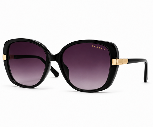 Radley oversized square sunglasses with a glossy black frame, gradient purple lenses, and gold metal accents on the temples, shown on a white background.