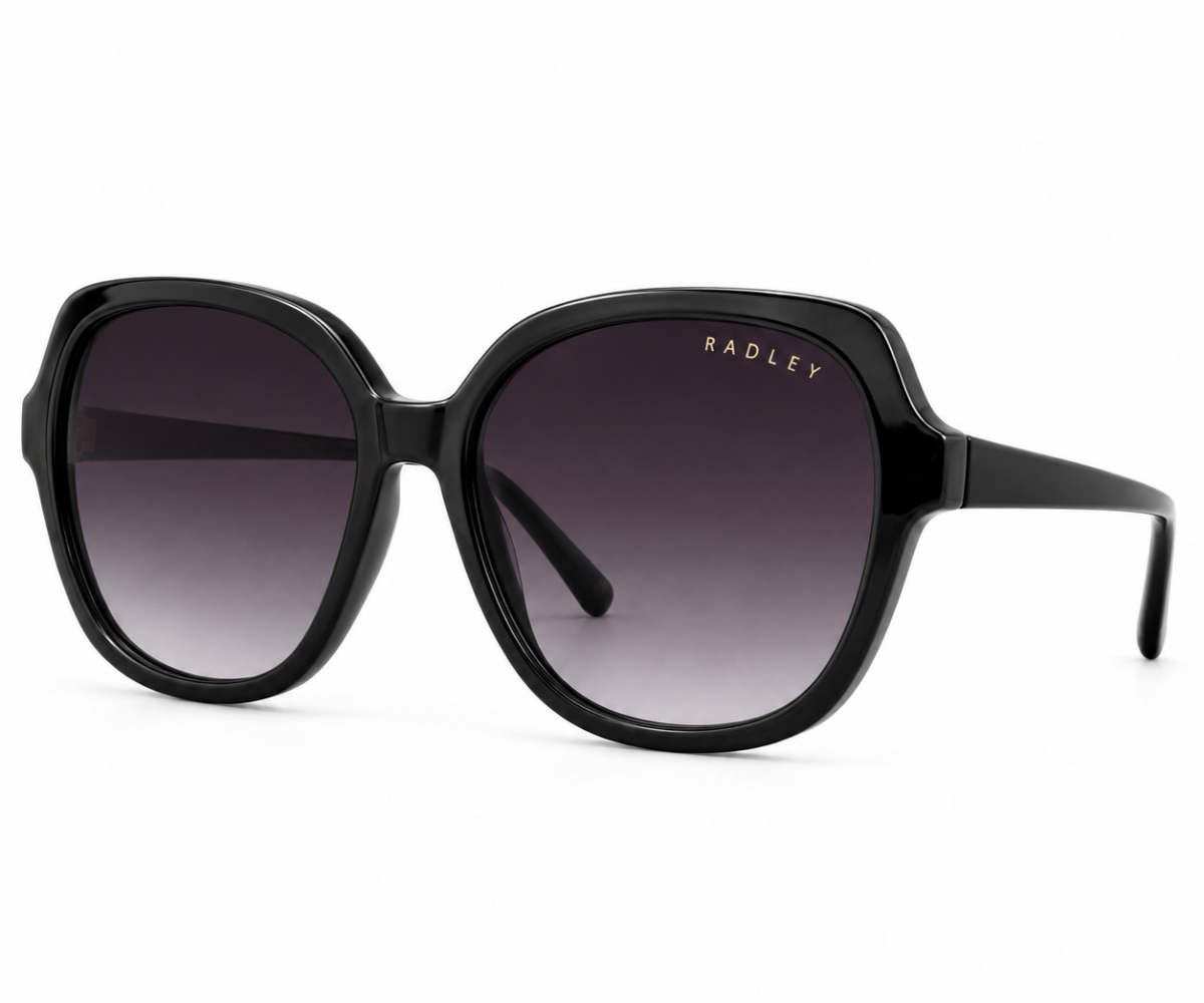 Radley oversized square sunglasses with a glossy black frame and gradient gray lenses, shown on a clean white background.