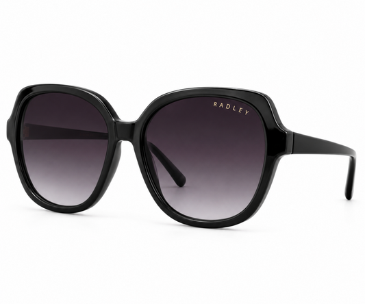 Radley oversized square sunglasses with a glossy black frame and gradient gray lenses, shown on a clean white background.